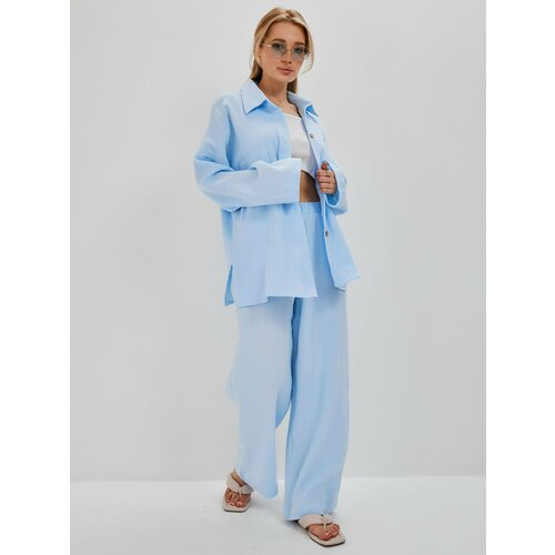 фото Рубашка linua, классический стиль, оверсайз, длинный рукав, карманы, однотонная, размер m-l, голубой
