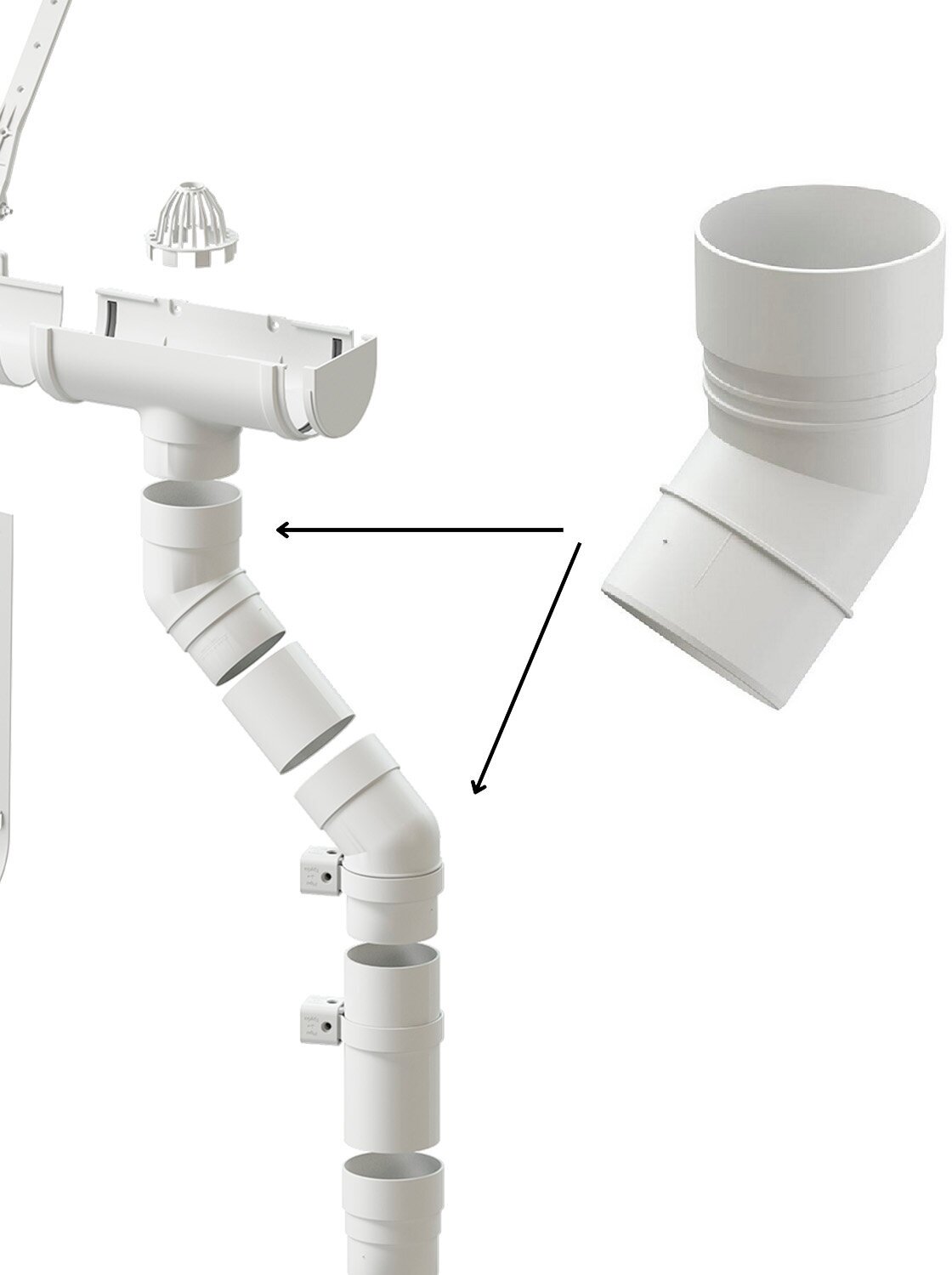 фото Колено водосточной трубы дёке Премиум 45 градусов, диаметр 85мм, пломбир (RAL9003)