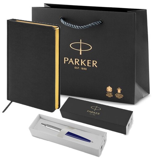 Подарочный набор: шариковая ручка Parker Jotter Originals синяя, ежедневник А5 черный и фирменный пакет Паркер