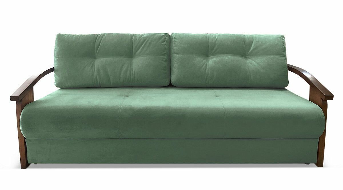 Прямой диван кровать AH! DIVAN (АхДиван) "Анкона Д" 215x105х84 см, раскладной механизм еврокнижка, деревянные подлокотники, оливковый велюр