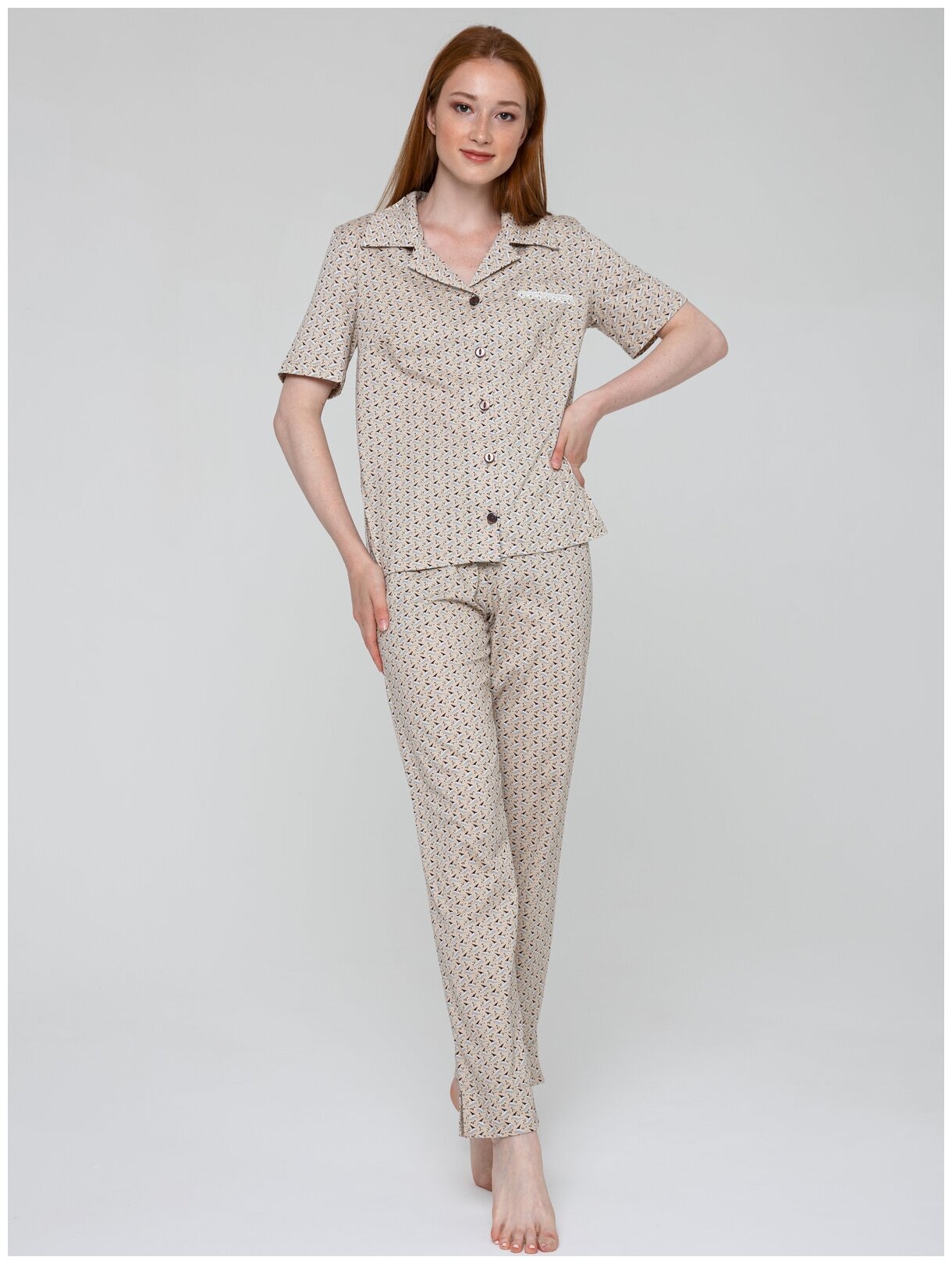 Пижамы домашняя женская Алтекс рубашка со штанами бежевая, размер 56 - фотография № 1