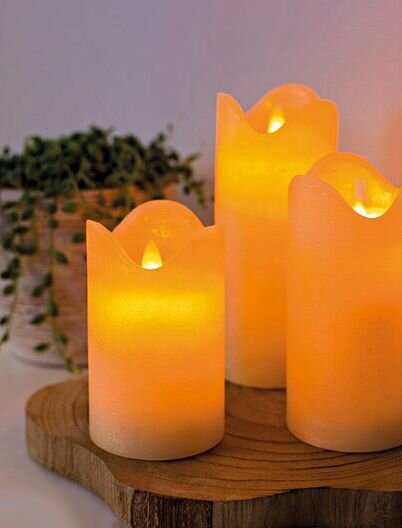 Набор восковых свечей гармония, кремовые, тёплые белый LED-огни, колышущееся пламя, 10-15 см, батарейки, ПДУ, 3 шт, Kaemingk (Lumineo) 480014