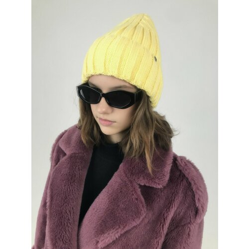 фото Шапка бини зимняя, шерсть, утепленная, размер 50/58, желтый без бренда
