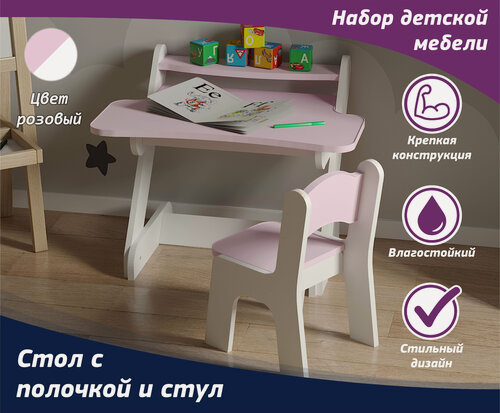 Изображение товара Набор детской мебели стол с полочкой и стул. Комплект розовый, для девочек. Комплект для детской комнаты.