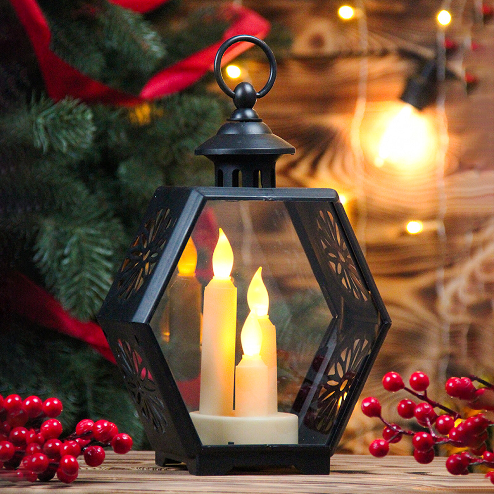 Светильник новогодний декоративный "Фонарь со свечками" 29см, светящийся, USB, черный