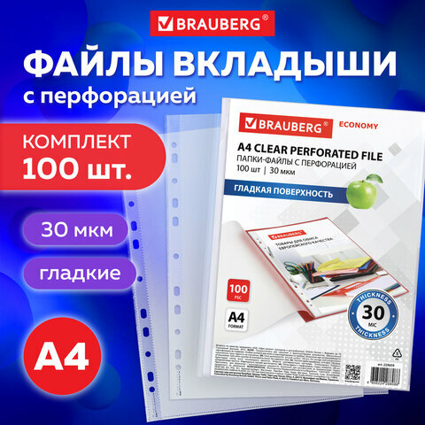 Папки-файлы перфорированные А4 BRAUBERG "ECONOMY", комплект 100 шт, гладкие, 30 мкм, 229659