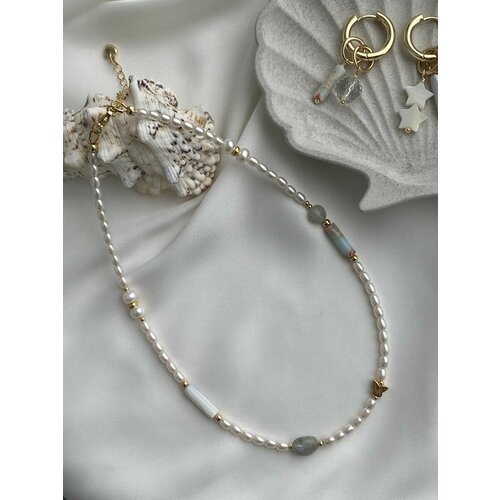 фото Чокер love & soul jewelry, жемчуг пресноводный, жемчуг барочный, перламутр, яшма, аквамарин, длина 36 см