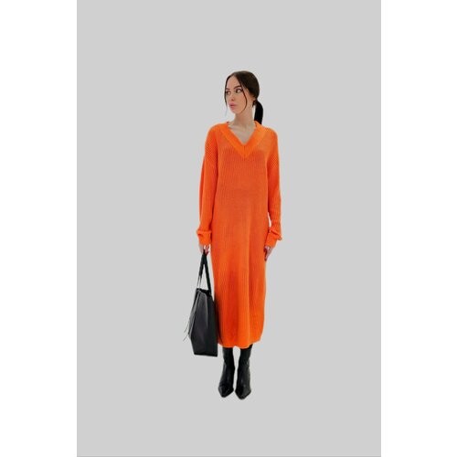 фото Платье оверсайз, миди, вязаное, утепленное, размер one size, оранжевый ип багдасарьян еа