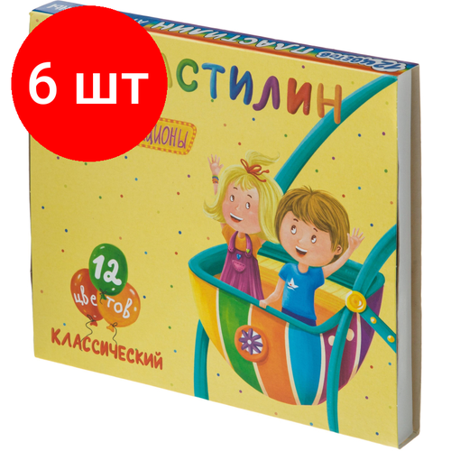 Комплект 6 наб, Пластилин классический Аттракционы набор 12 цв, 240 г, со стеком, ПЛ-К12-240 пластилин аттракционы классический 16 цветов