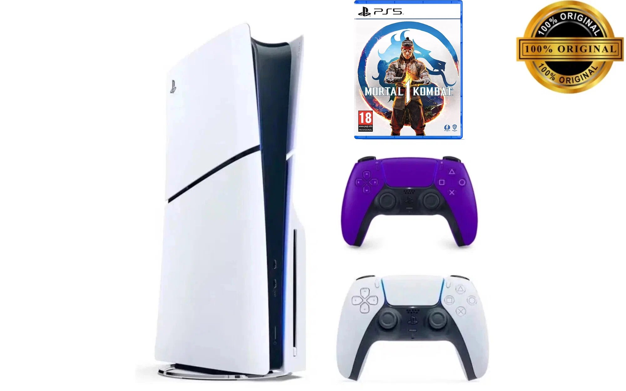 Игровая приставка Sony PlayStation 5 Slim, с дисководом, 1 ТБ, два геймпада (белый и фиолетовый), Mortal Kombat 1