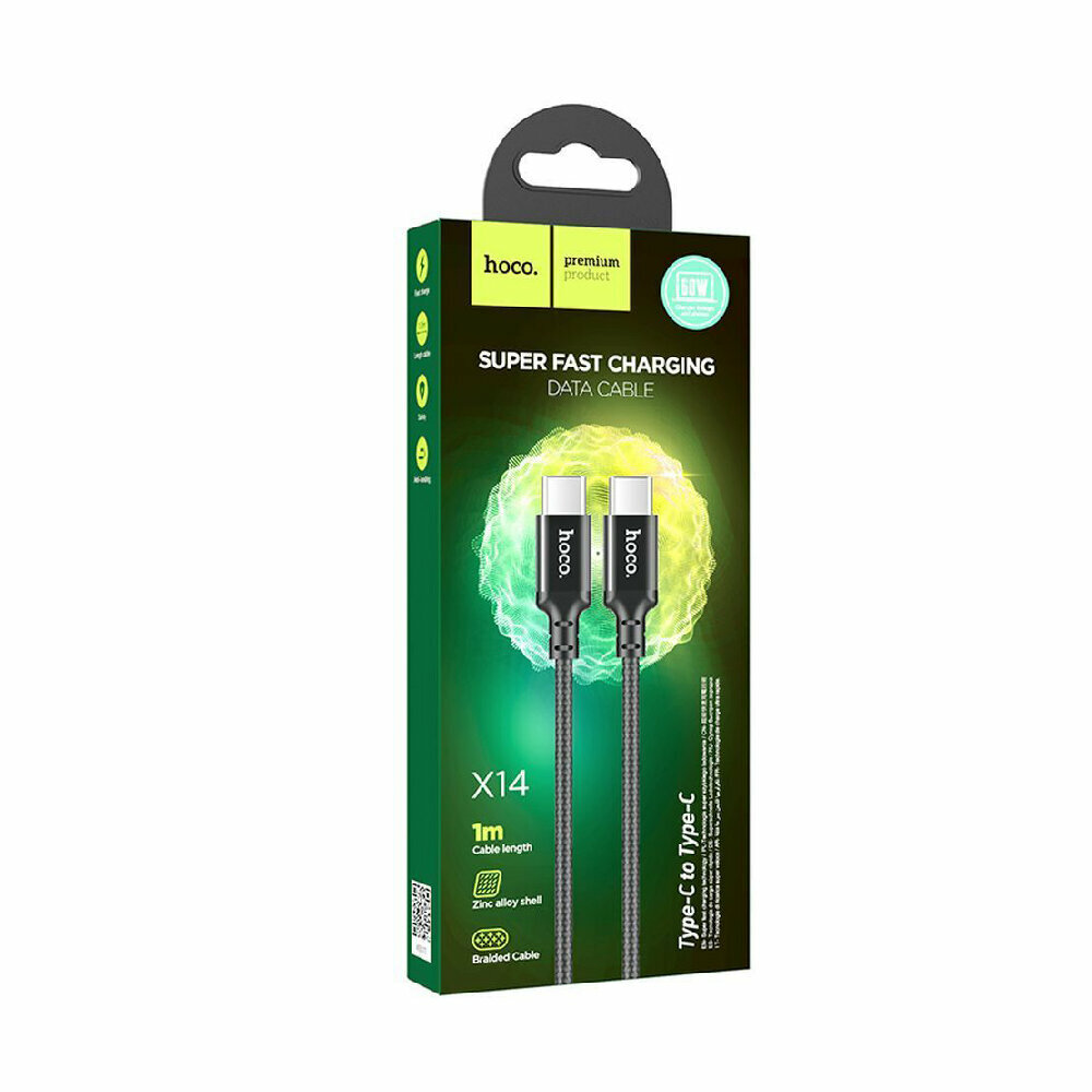USB-C кабель HOCO X14 Double speed Type-C, 3А, PD60W, 1м, нейлон (черный) — фото 1
