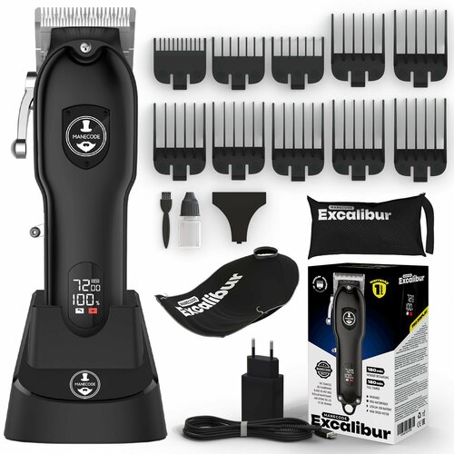 Машинка для стрижки волос Manecode EXCALIBUR c 10 насадками от 0,5 до 25 мм и зарядной станцией - Профессиональные твердосплавные самозатачивающиеся регулируемые лезвия - Фирменный фартук в комплекте