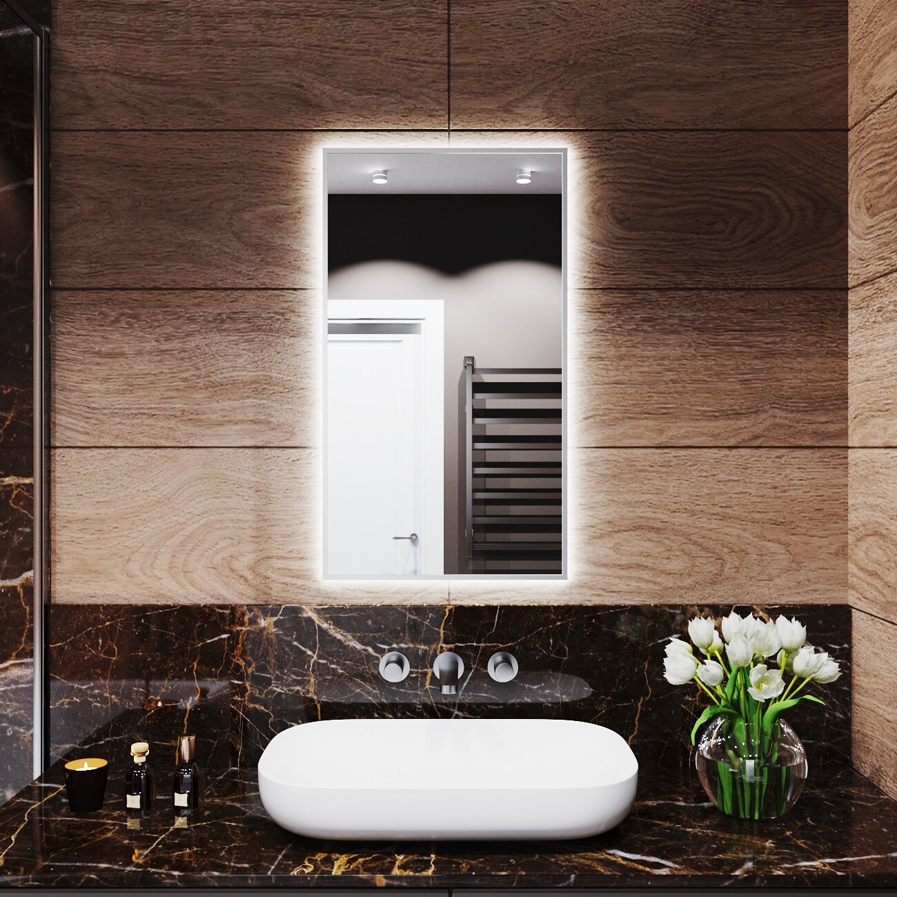 Зеркало с подсветкой в алюминиевой раме настенное Market-house 80х50 см. Свет: Нейтральный Белый 6000К. Серебро