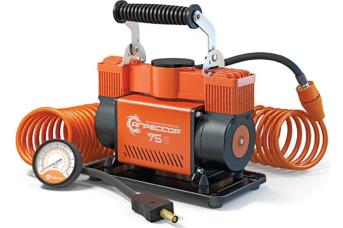 Агрессор Компрессор автомобильный, металлический, дву поршневой, 12V, 300W, производ-сть 75 л. мин, пере одники для накач. лодок, сумка, 1 4 AGR-75