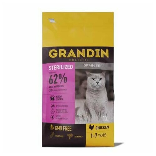 Grandin Sterilized Grain free Корм сухой для кастрированных котов и стерилизованных кошек в возрасте от 1 года до 7 лет, с курицей, 10 кг