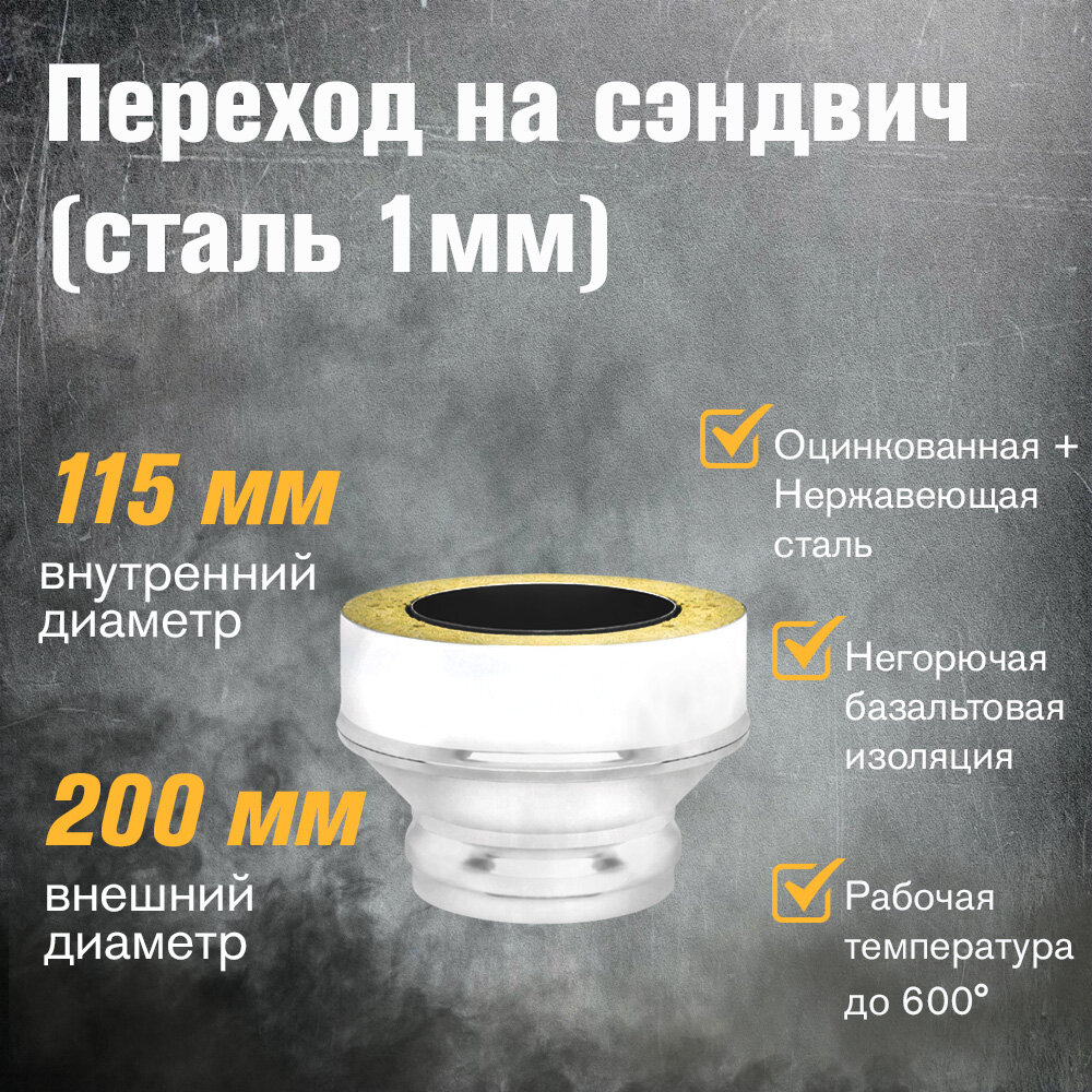 Переход на сэндвич для дымохода LAVA Сталь + Оцинковка (1,0мм) д.115х200 (ММ)
