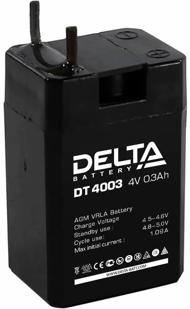Аккумуляторная батарея 4V - 0,3 А/ч DELTA BATTERY DT 4003 (для фонарика) — фото 1