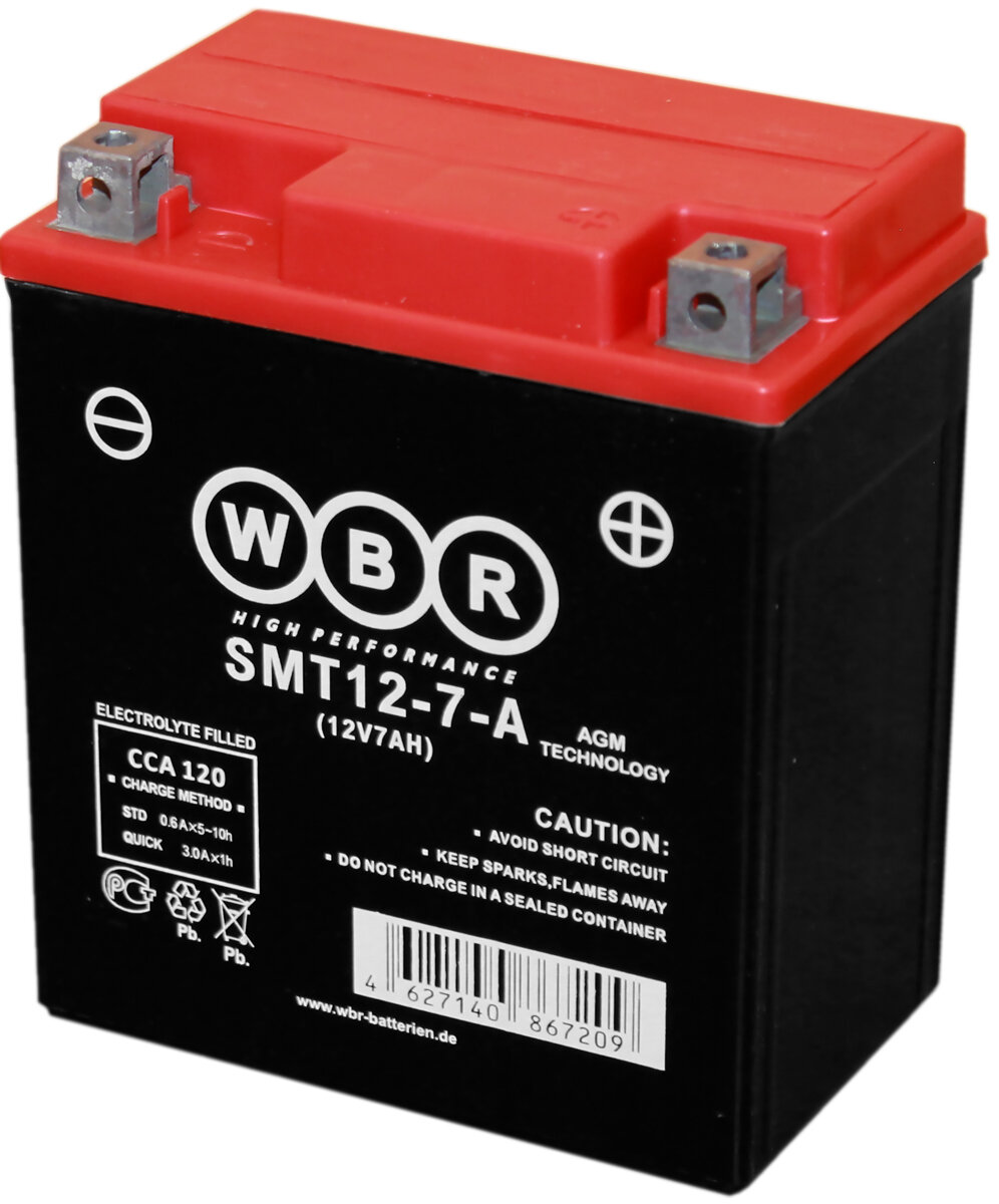 Аккумулятор WBR SMT 12-7A для мототехники (12В, 7Ач / 12V, 7Ah / ток холодного пуска 85А) YTX7L-BS