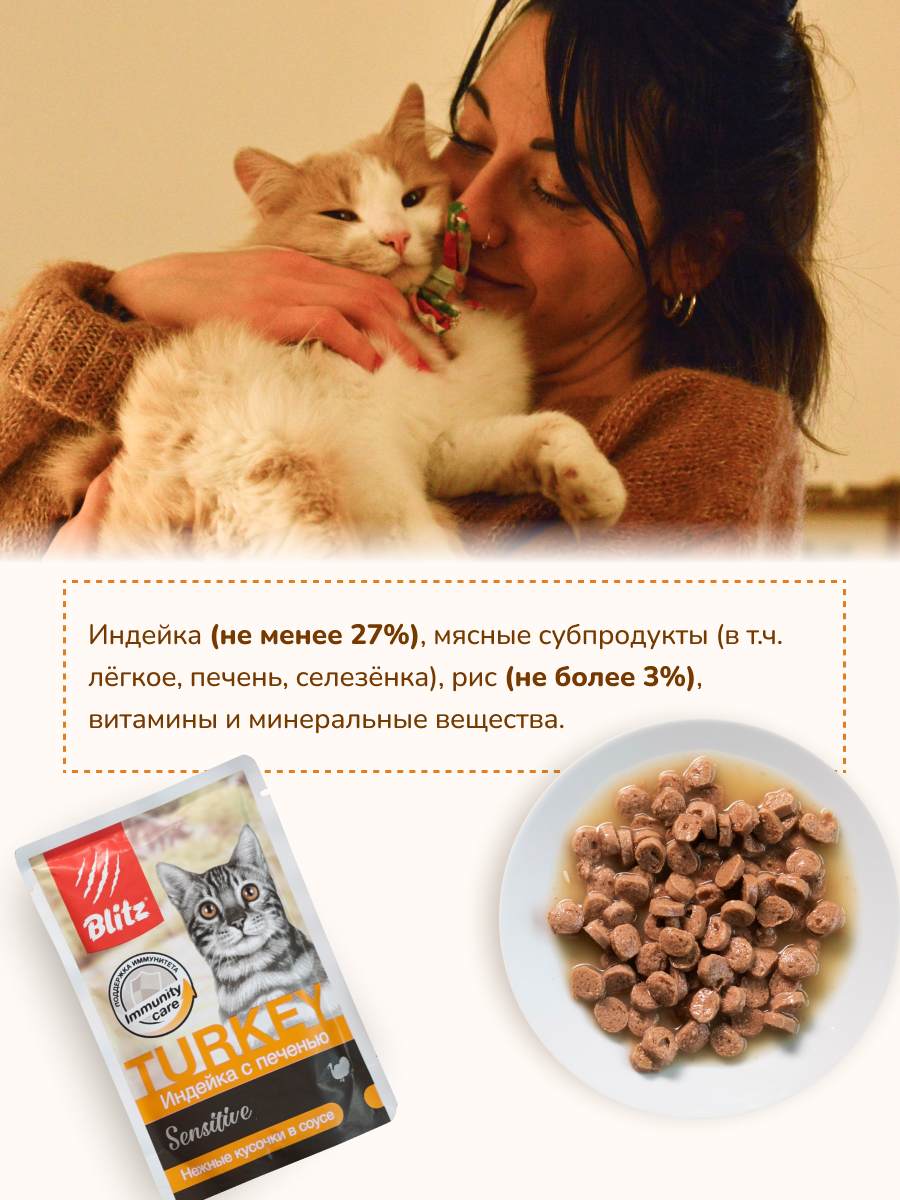 Консервированный корм BLITZ для кошек Индейка с печенью, кусочки в соусе 85 гр Х 24 шт — фото 1