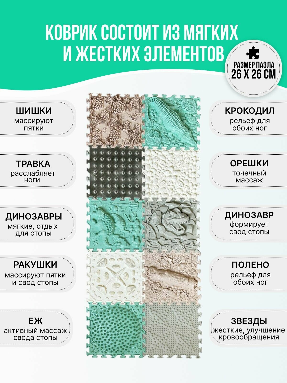 Ортопедический коврик для детей и взрослых Dr.Ortman массажный детский семейный модульный напольный коврик пазл, 10 штук — фото 1
