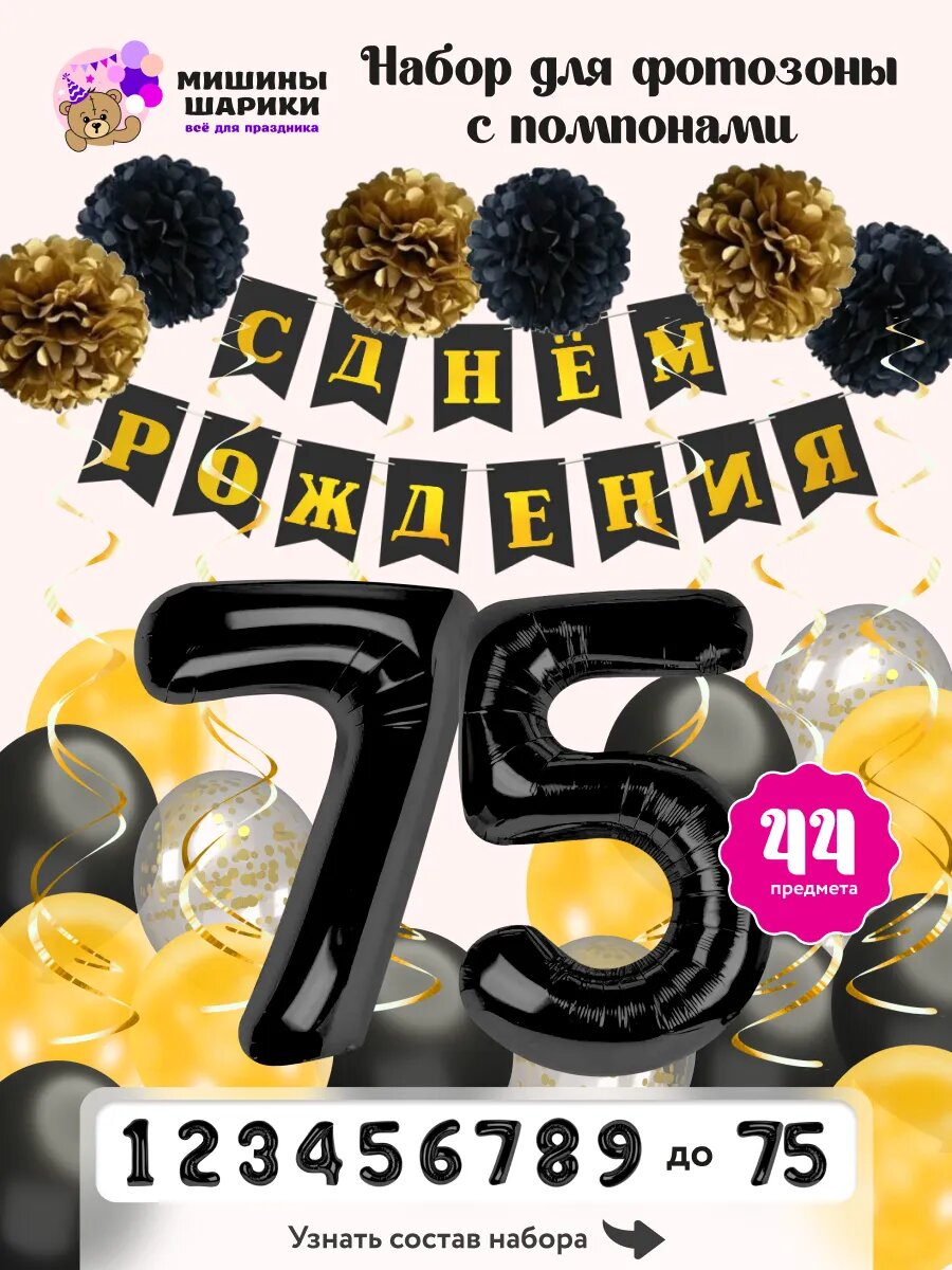 Набор воздушных шаров для фотозоны на день рождения с цифрами 75 лет