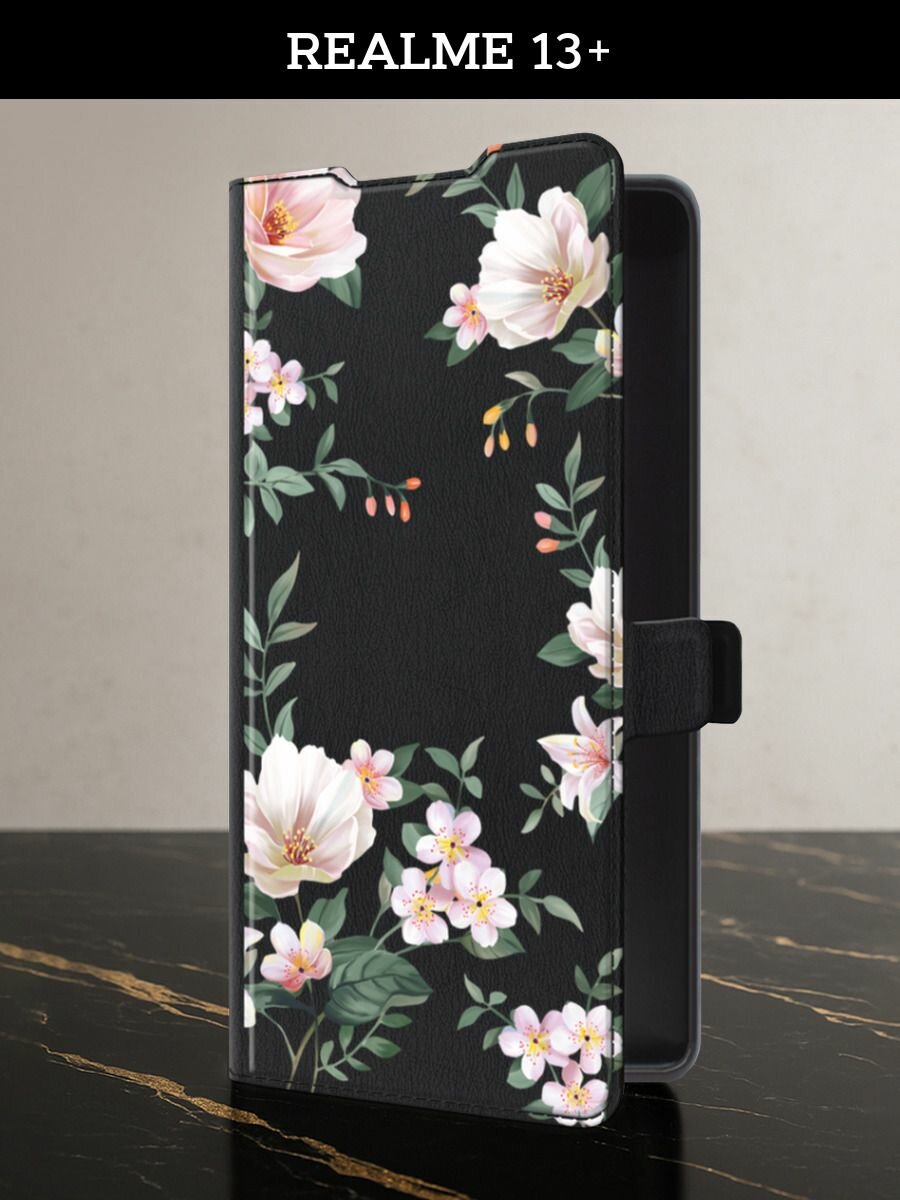 Чехол-книжка на Realme 13 Plus (Реалми 13 Плюс) с картой и принтом "Beautiful white flowers"