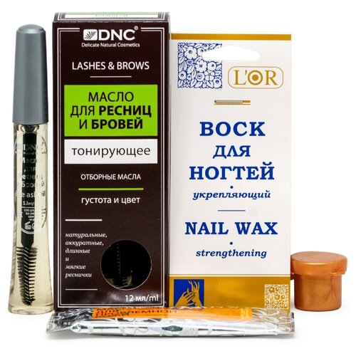 фото Набор: dnc масло для ресниц тонирующее 12 мл, воск для ногтей укрепляющий 5 мл lor и подарок маска для лица 15 мл