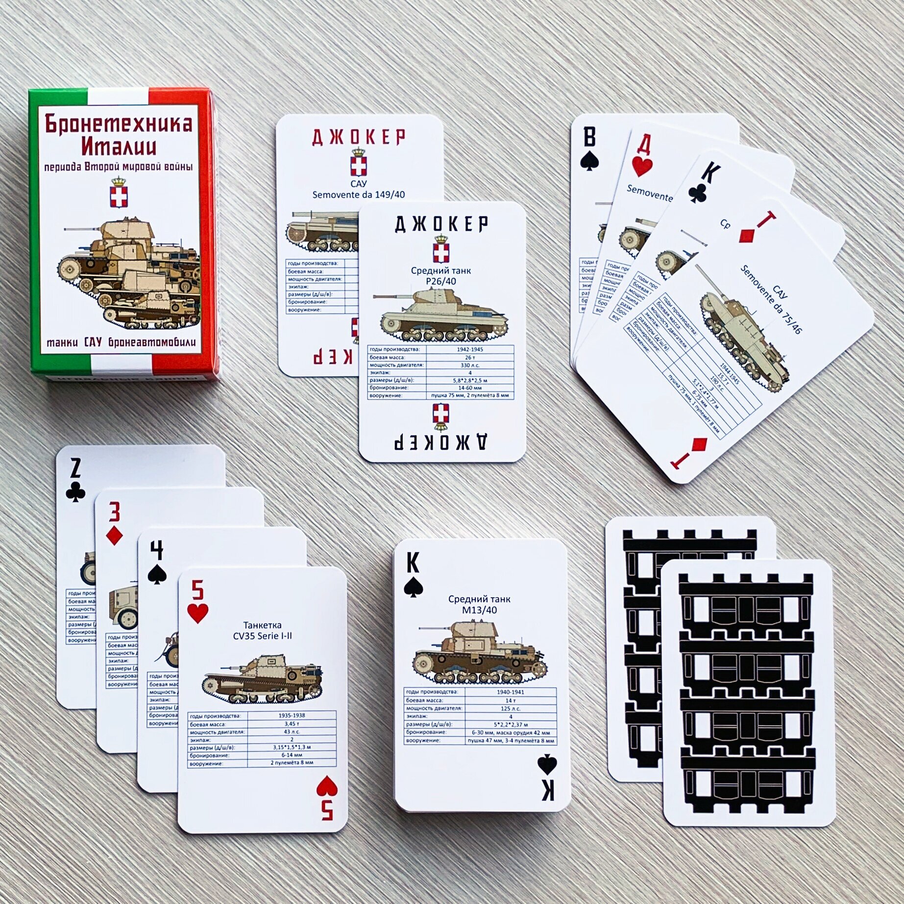 Игральные карты "Бронетехника Италии периода Второй мировой войны" танки САУ и бронеавтомобили Италии