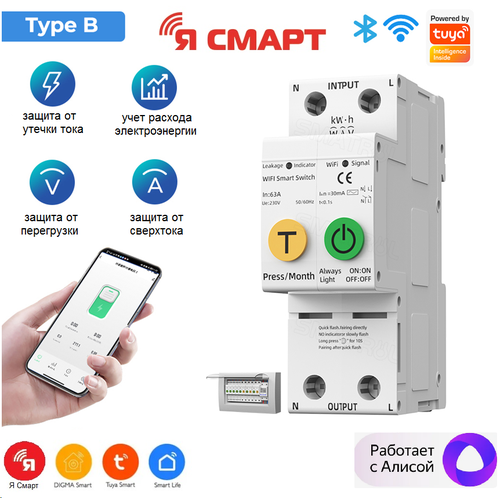 Умный WiFi автомат с защитой от перегрузки и короткого замыкания 63A Ясмарт Ya-DR63P2