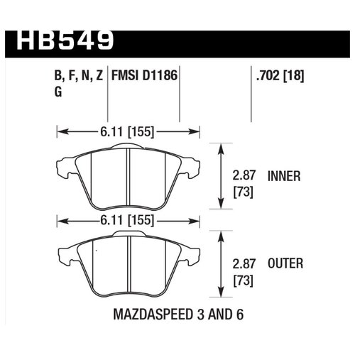 Колодки тормозные HB549N.702 HAWK HP+ передние MAZDA 3 MPS, 6 MPS / FORD Focus 2 ST / OPEL VECTRA 2,