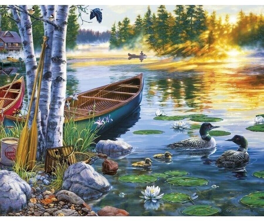 фото Алмазная мозаика на подрамнике 40х50 Береза у реки утки