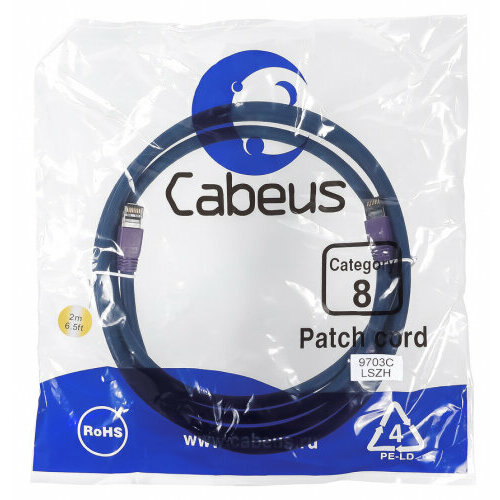 патч корд cabeus pc sstp rj45 cat 6a 3m lszh s ftp cat 6a lszh 3 м серый 7904c Патч-корд Cabeus S/FTP PC-SSTP-RJ45-Cat.8-2m-LSZH категория 8 (40G, 2000 MHz), 2xRJ45/8p8c, экранированный, синий, LSZH, 2 м