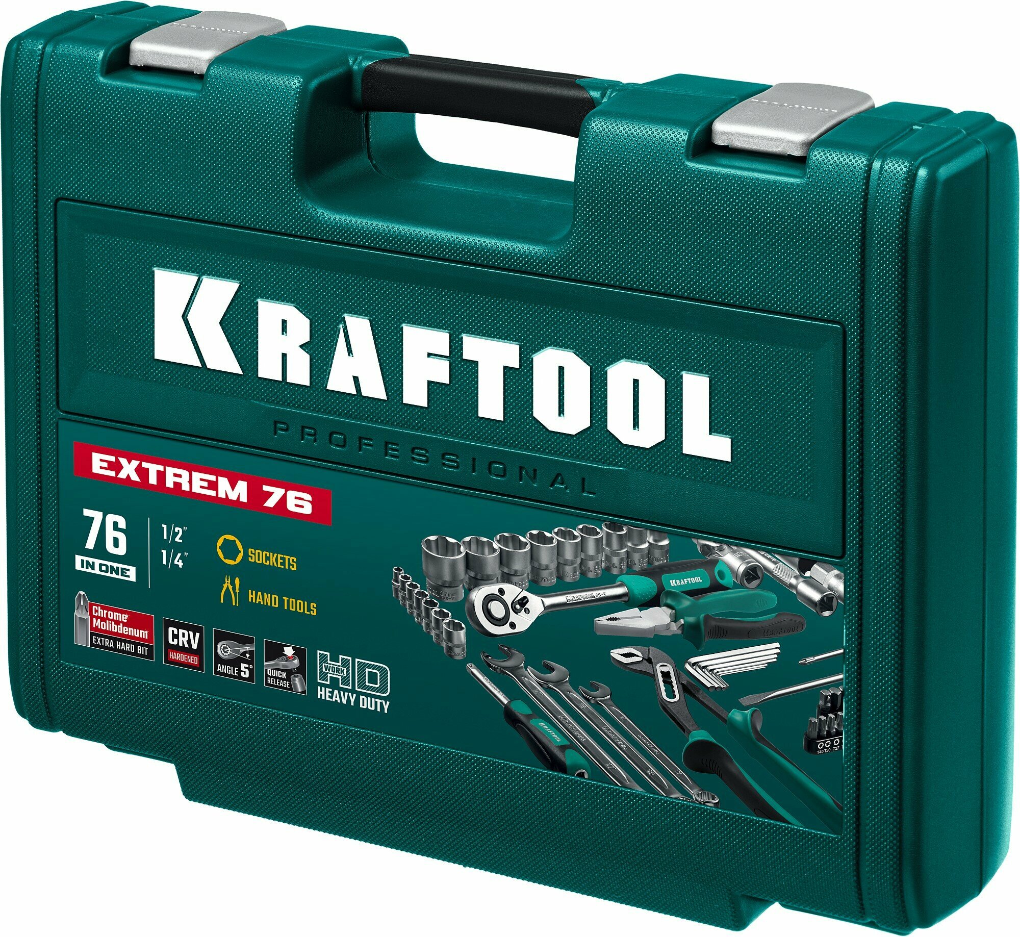 KRAFTOOL EXTREM-76, 76 предм, (1/2"+3/8"+1/4"), универсальный набор инструмента (27889-H76) — фото 1