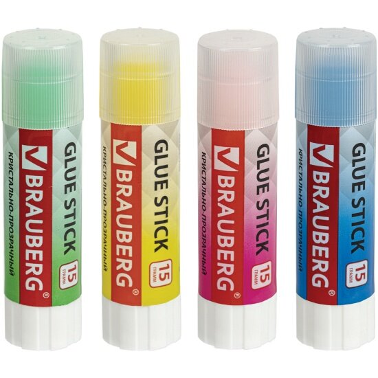 Клей-карандаш Brauberg 15 г выгодная упаковка "COLOR Crystal" 4 штуки на блистере 271709