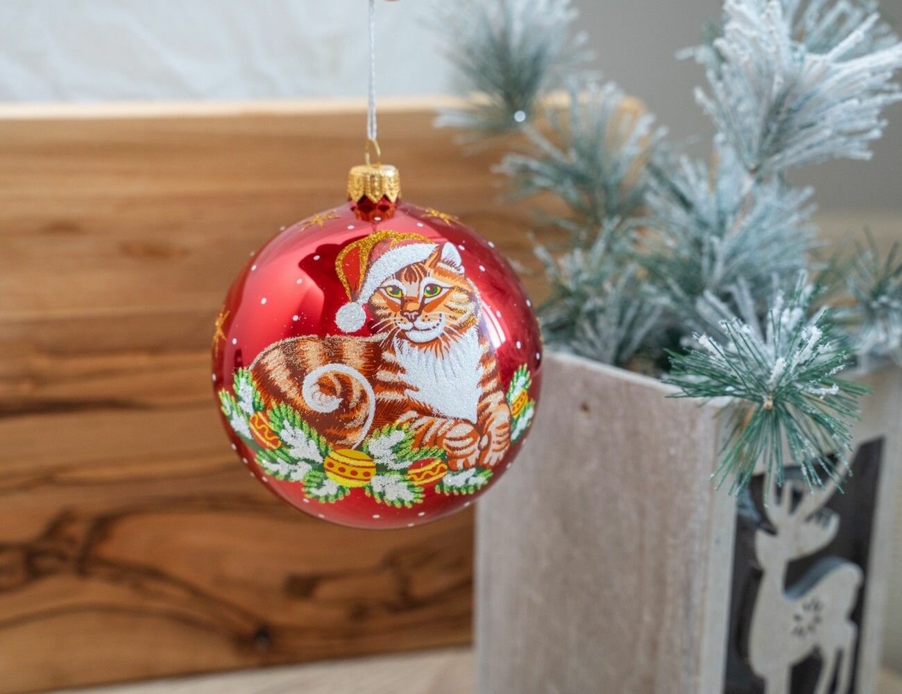 Стеклянный ёлочный шар зодиак: КОТ клаус В колпаке, красный, 95 мм, Елочка с475-кот-3-кр