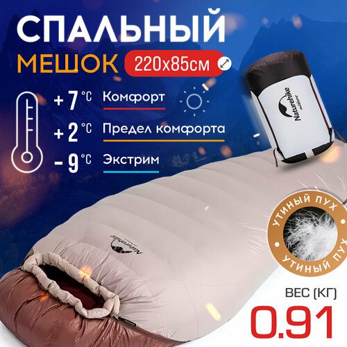 Мешок спальный Naturehike SnowBird 220х85 см XL 420G правый ТК 7C серыйкоричневый 12080₽