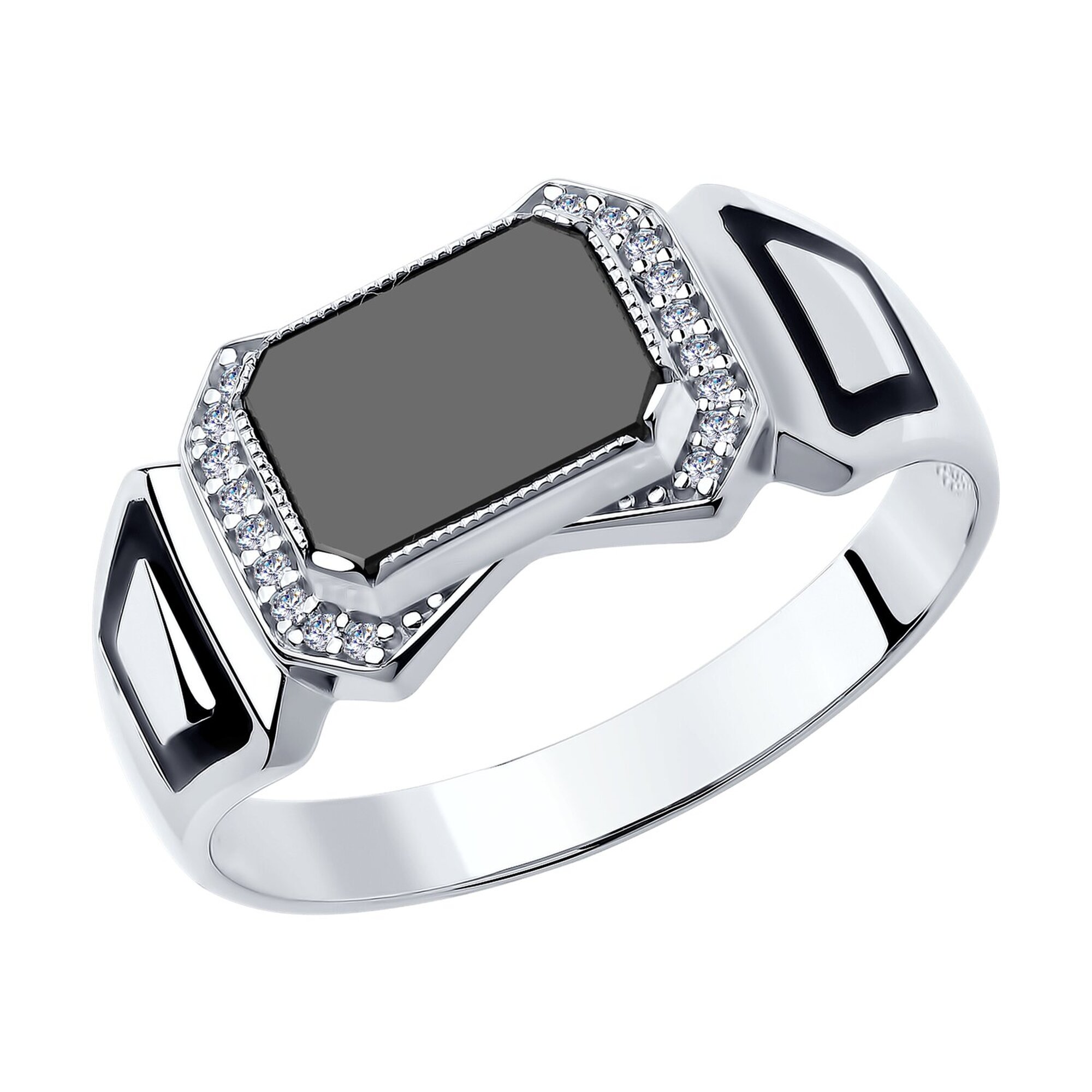 Печатка Diamant online, серебро, 925 проба, родирование, шпинель, фианит, эмаль, размер 22, черный