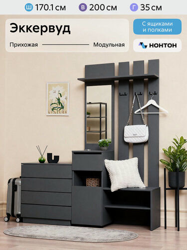 Изображение товара Стенка в прихожую Нонтон Эккервуд Мини, 107x35x200 см, 2 модуля, графит серый