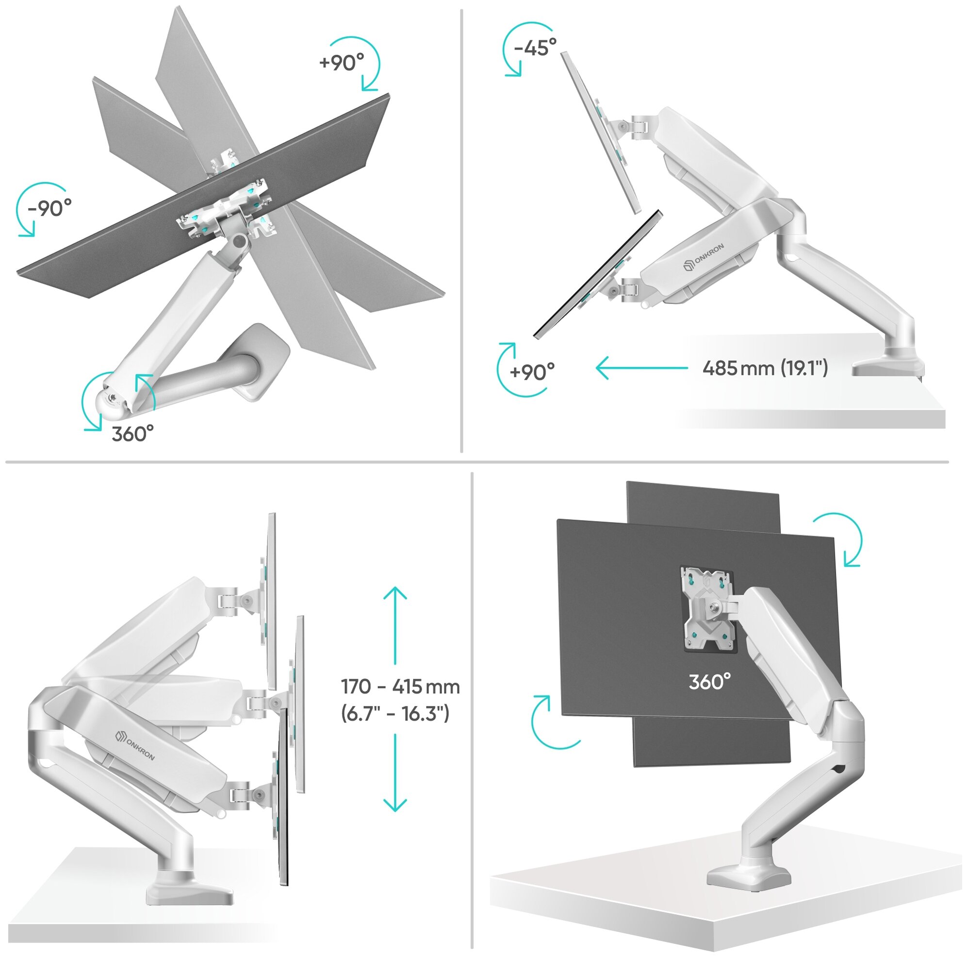 Кронштейн для мониторов ONKRON/ 13-27'' ГАЗЛИФТ макс 100*100 наклон -45?/+90?, поворот +-90°, 2 колена, от стены: до 450мм, крепление к столу 10-85мм, вес до 6.5кг, черный - фото №9