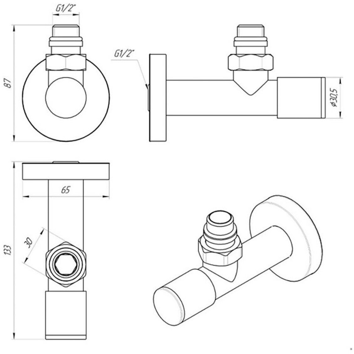 Вентили запорные угловые Laris 1/2"х1/2" ш/ш черный матовый (RAL 9005) латунь 2 штуки - фотография № 7