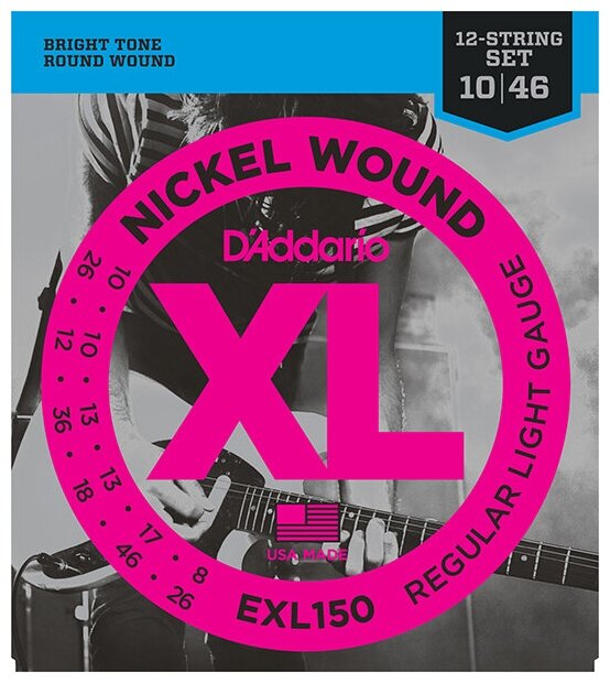EXL150 Nickel Wound Комплект струн для 12-струнной электрогитары, Regular Light, 10-46, D'Addario
