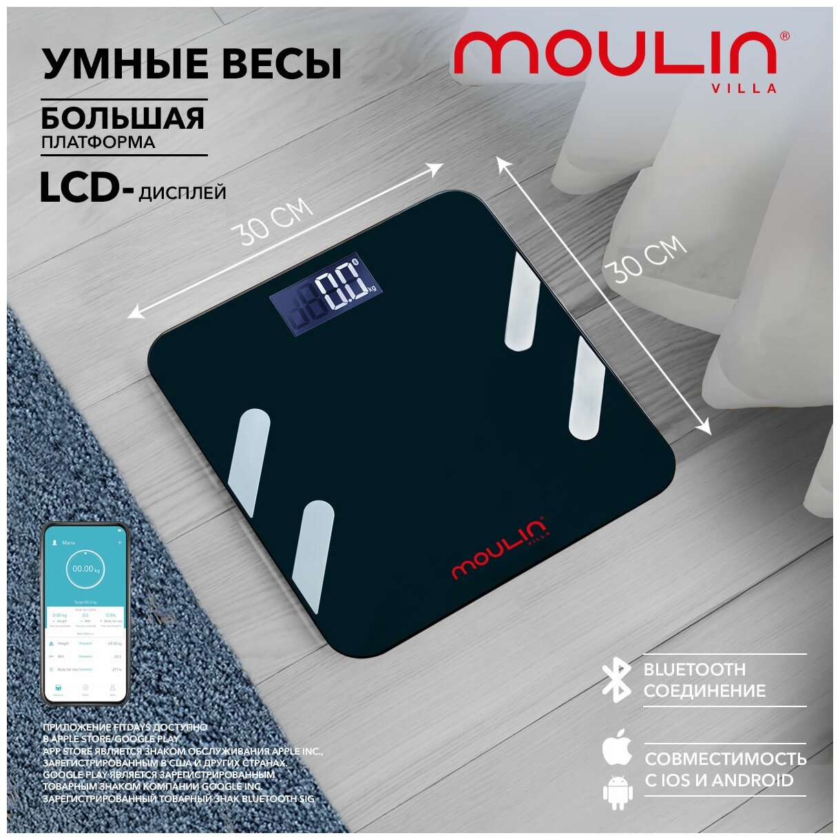 Умные весы Moulin Villa MV SC-001 / весы напольные электронные / напольные весы / диагностические весы, черный - фотография № 1