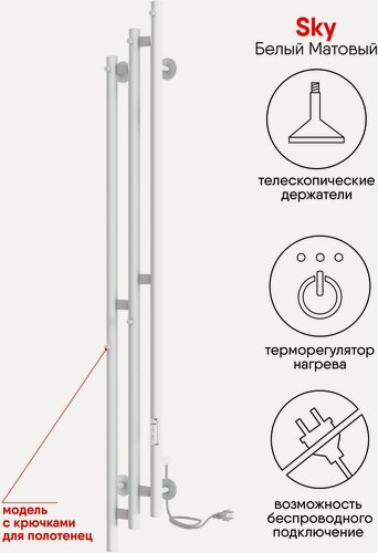 Изображение товара Полотенцесушитель электрический INDIGO Sky 150/17 с таймером и крючками белый