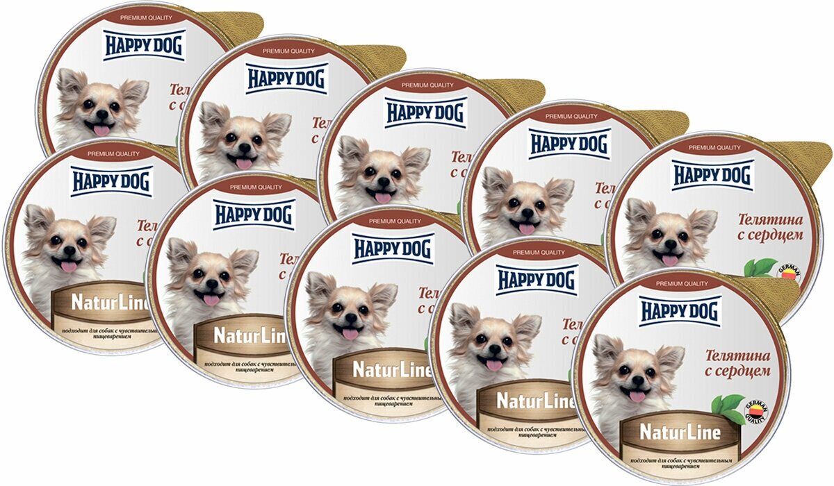 HAPPY DOG NATUR LINE для взрослых собак маленьких пород паштет с телятиной и сердцем (125 гр х 10 шт)