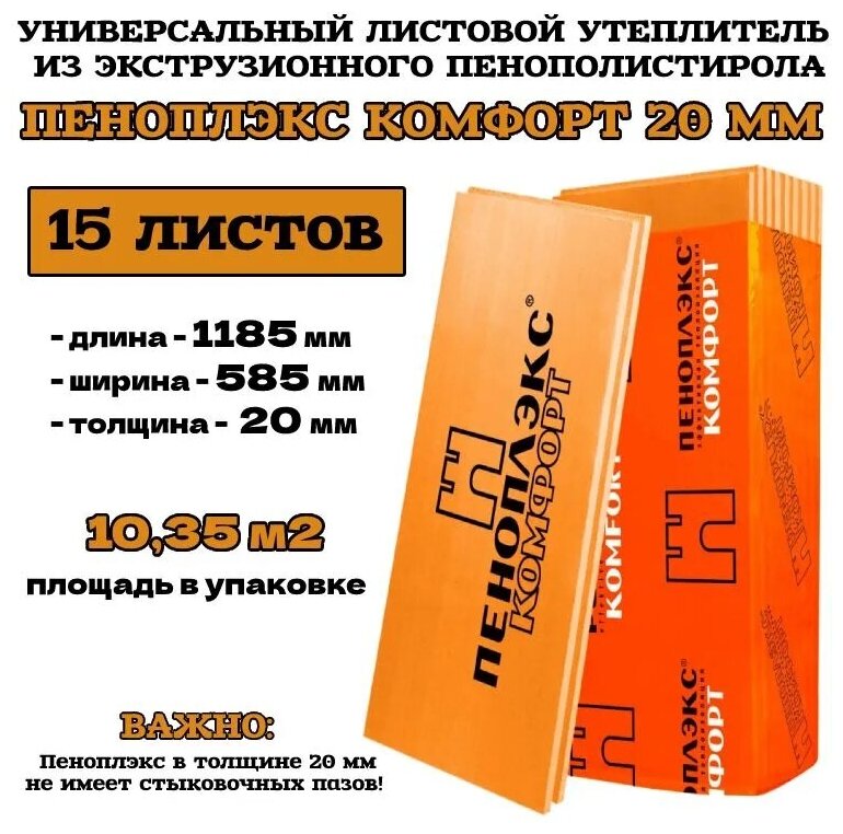 Пеноплэкс 20мм комфорт 20х585х1185 (15 плит) 10,35 м2 универсальный утеплитель из экструзионного пенополистирола - фотография № 1