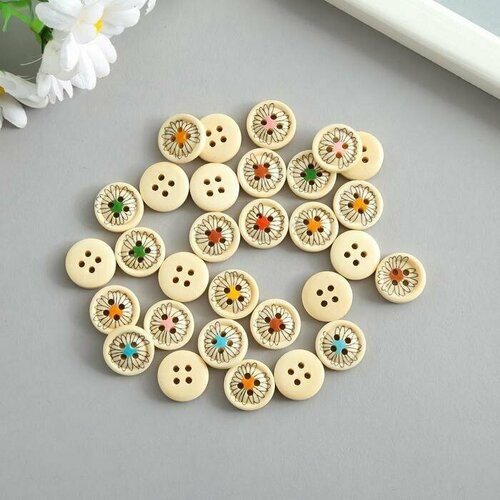 Пуговицы дерево для творчества 4 прокола Ромашка с яркой серединой н-р 30шт 15х15х03 см 467₽