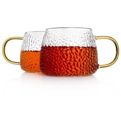 Стеклянная рельефная кружка с желтой ручкой, 450 мл, 2 шт