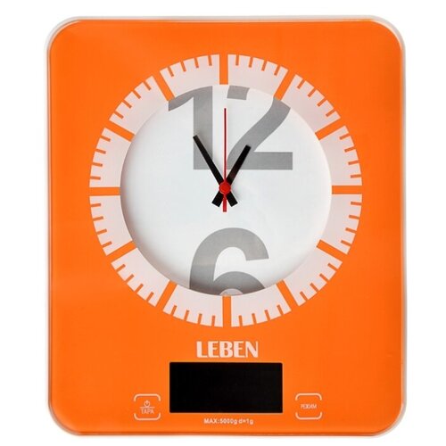 фото Весы кухонные leben электронные с часами, максимальная нагрузка до 5кг, пластик, оранжевый