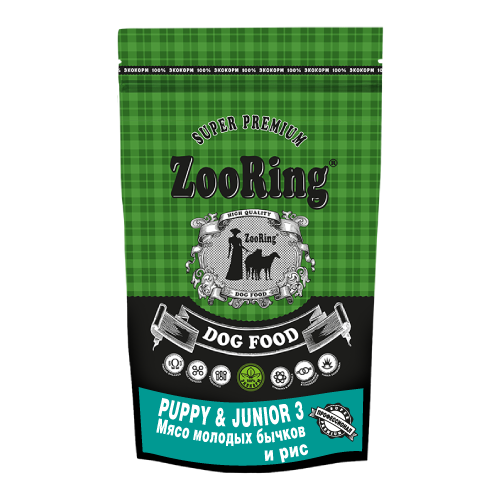 Корм для собак ZooRing Puppy & Junior 3 Мясо молодых бычков и рис 10кг.