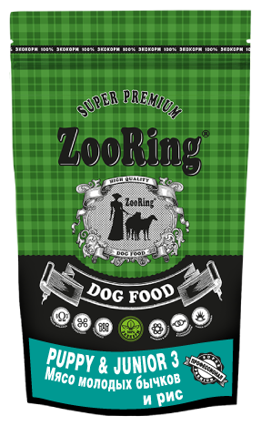Сухой корм для щенков ZooRing мясо молодого бычка, с рисом 2 кг (для средних и крупных пород)